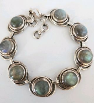Vintage 925 Sterling Silver Mexico Labradorite Opal Color Gemstone Link Bracelet