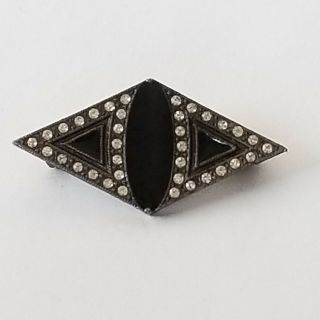 Vintage Brooch Art Deco Geometric Diamond Black Enamel White Stone Pin