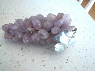 Vintage Amethyst / Quartz Purple Grape Cluster With Silver Leaf 6 "