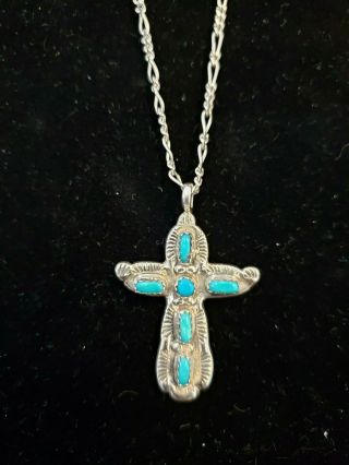 Vintage Zuni Sterling Silver Cross Pendant Natural Turquoise Signed C Iule