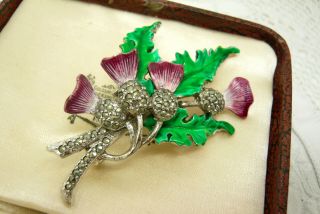 Vintage Jewellery Enamel Marcasite Scottish Thistle Flower Brooch Pin