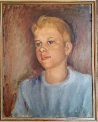Framed Painting Portrait Of Boy In Blue Vintage Mid Century Oil On Board