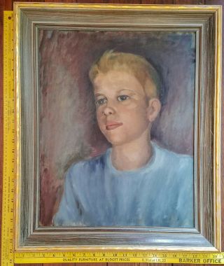 Framed Painting Portrait of Boy in Blue Vintage Mid Century Oil On Board 2