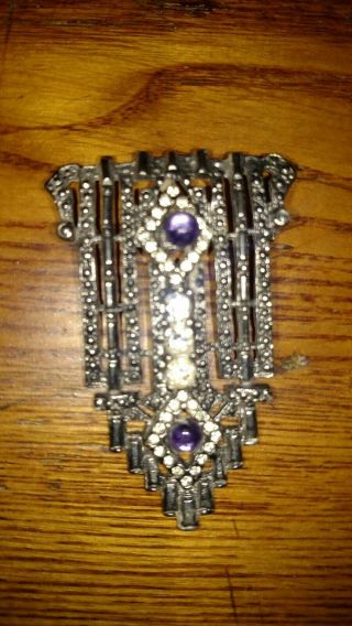 Vintage Art Deco Style Brooch Pin Silver Tone Crystal Unsigned