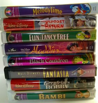 8 Vintage Walt Disney Vhs Clamshell Cases Aladdin Bambi Fantasia Black Cauldron