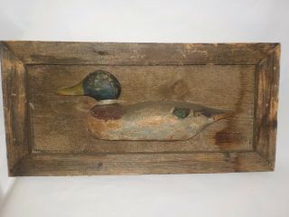 Antique Hand Carved Wood Mallard Duck Decoy 1/2 Framed Distressed Board