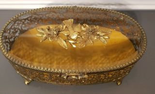 Vintage Filigree Gold Ormolu Beveled Glass Jewelry Vanity Casket Trinket Box
