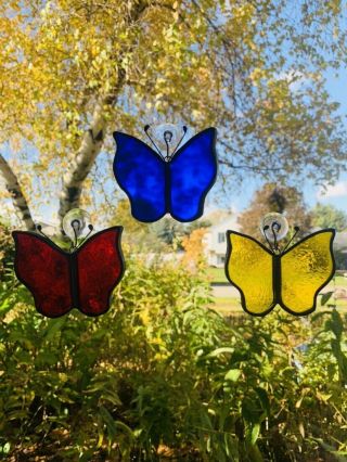 Vintage Leaded Tiffany Stained Glass Sun Catcher 3 Butterflies Window Hanging