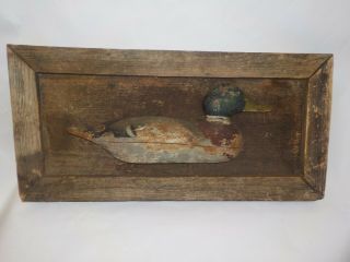 Antique Hand Carved Wood Mallard Duck Decoy 1/2 Framed Distressed Board 1