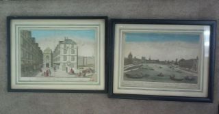 Antique Late 18th C Hand Tinted Etchings Lithograph Early Prints Of Paris