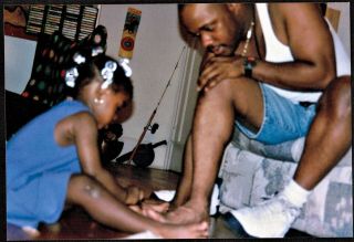 Vintage Photograph Adorable Little African American Girl Painting Dad 