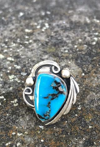 Vtg.  Old Pawn Unique Navajo Sterling Silver Turquoise Ring Sz.  5