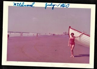 Vintage Photograph Sexy Young Woman In Bathing Suit Standing By Boat On Beach