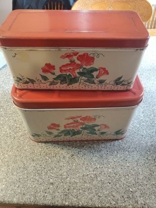 Vintage Set Of 2 Tin Bread Boxes Flowers