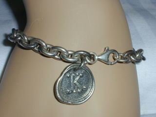 Vintage Sterling Faux Coin Charm Bracelet Letter " K " - Signed