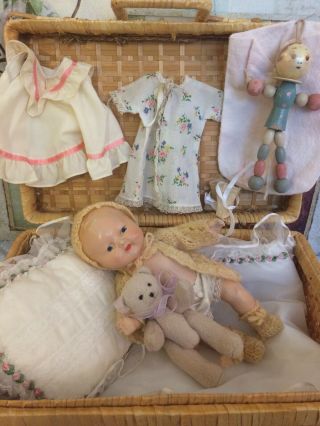 Sweet Vintage Composition Baby Doll In Her Travel Trunk With Wardrobe & More