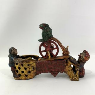 Antique Cast Iron Professor Pug Frogs Great Bicycle Feat Mechanical Bank 1875