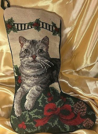 Christmas Needlepoint Taby Cat Holiday Stocking Bows Holly Velvet Vintage 17 " L
