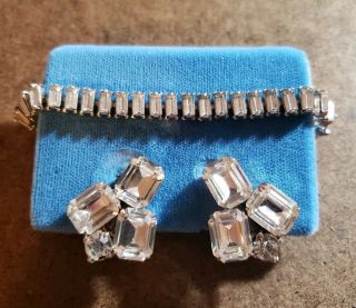 Vintage Weiss Bracelet And Earrings Clear Rhinestones In Velvet Box