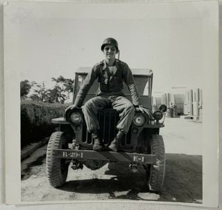 " My Jeep And I " Soldier Man Sitting On Hood,  Gay Int,  Vintage Photo Snapshot