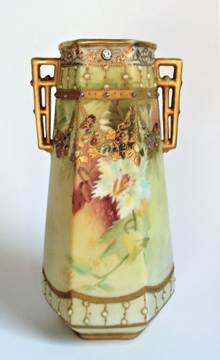 Antique Nippon 9 " Jewel Bead Gold Gilt Floral Enamel Hand Painted Porcelain Vase