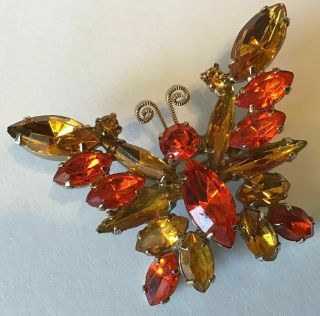 Vintage Juliana Shades Of Topaz And Orange Rhinestone Figural Butterfly Brooch