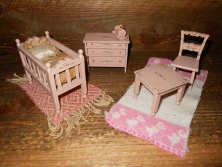 Vintage Tynietoy Pink Nursery Room Furniture,  Rugs & Tiny Toy Cradle From Italy