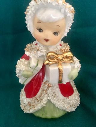 Vintage 1950’s Napco Spaghetti Trim Christmas Angel Bell Figurine With Gifts