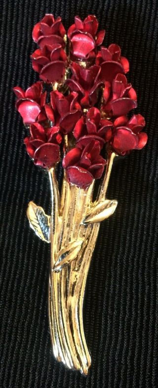 Vtg Elegant Bouquet Bunch Of Red Roses Flower Brooch Pin Gold Tone Figural 2.  25”