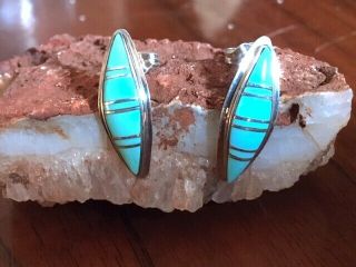 Vintage Zuni 925 Sterling Silver Channel Inlay Turquoise Dangle Post Earrings 3g