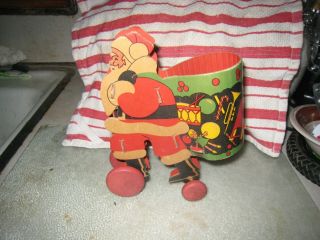 Vintage Santa Claus Cardboard Pulp Paper Pull Toy Wooden Wheels Candy Container