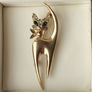 Vintage Signed By Maker Rhinestone Art Deco Stylised Cat Brooch Pin Emerald Eyes