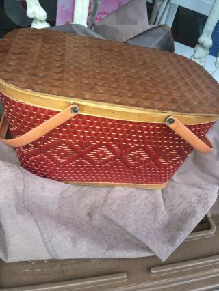 Vintage Red Man Wicker Picnic Basket Large 18 " ` Metal Handles