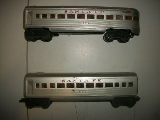 2 Vintage Marx Santa Fe Passenger / Coach & Observation Tin Cars W/ Lights