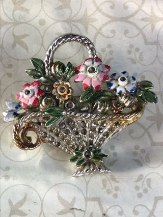 Vintage Jewellery Enamel & Marcasite Basket Of Flowers Brooch Pin