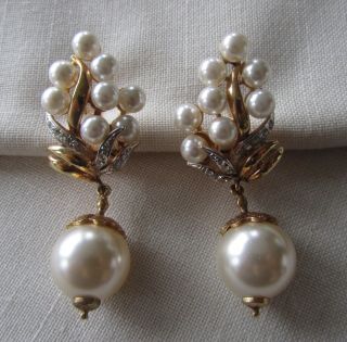 Vintage Gold Tone Oversize Bridal Pin Earrings With Rhinestones And Faux Pearls