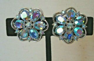 L@@k Stunning Vintage Signed Crown Trifari Blue Ab Rhinestone Clip Earrings