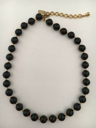 Vintage Monet Black Beads W Goldtone Ball Spacers Strung On Chain 17 " Necklace