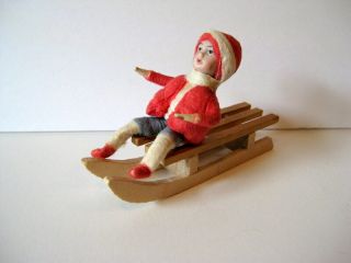 Antique German Heubach Child On Wood Sled Cotton Christmas Putz Ornament