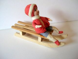 Antique German Heubach Child on Wood Sled Cotton Christmas Putz Ornament 2