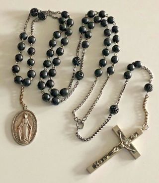 † Nun Antique Black Wooden Beads Habit Rosary W Miraculous Medal †