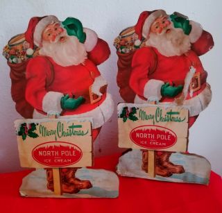 2 Vtg Litho North Pole Real Ice Cream Cardboard Christmas Standing Display Signs