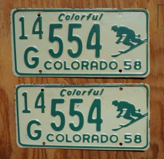 1958 Colorado Skier License Plate Pair / Set
