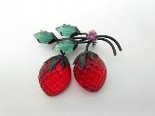 West Germany Japanned Molded Glass Rhinestone Double Strawberry Brooch Vintage