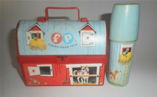 Vintage 1962 Fisher - Price Mini Plastic Lunch Box And Thermos Barn Farm