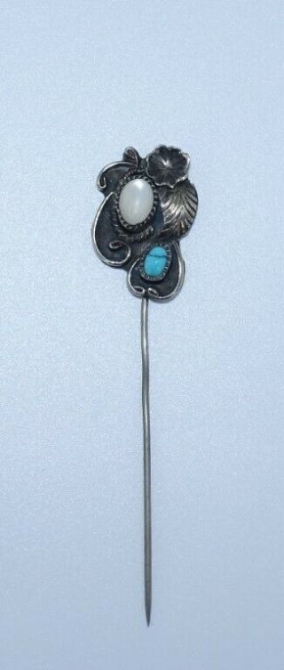 Vintage Turquoise & Mop Sterling Silver Stick - Pin Signed Handmade Navajo Tie