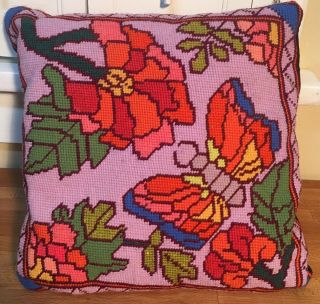 Vintage Homemade Needlepoint Pillow Cover With Butterflies 13 X 12