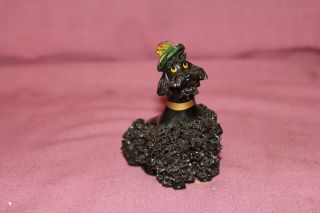 Vintage Black Spaghetti Poodle Dog Figurine Green Beret Tam Hat