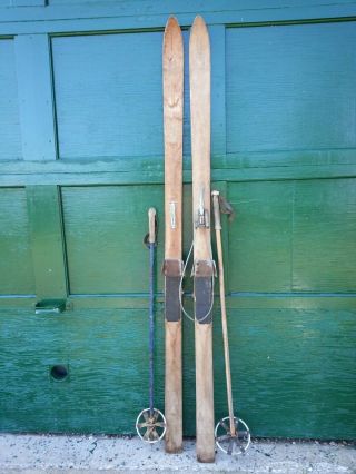 Antique Patina Skis 72 " Long With Metal Bindings And Old Bamboo Poles