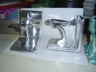 Vintage Art Deco Cast Metal Chrome Plated Airplane Bookends